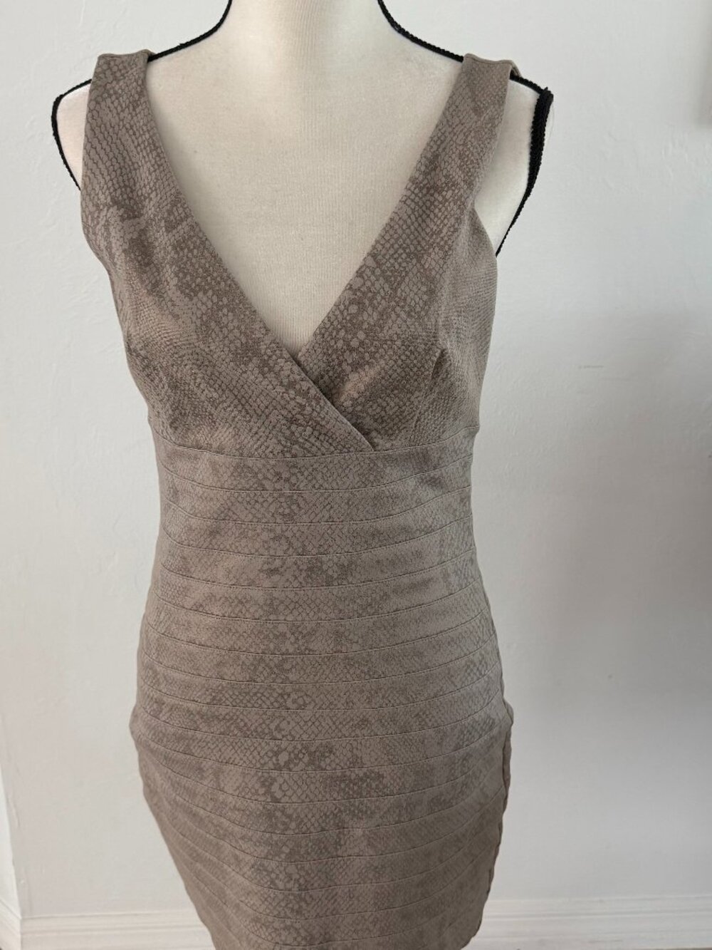 Express Taupe Snakeskin Print Bandage Mini Dress V-Neck Surplice Fitted Medium